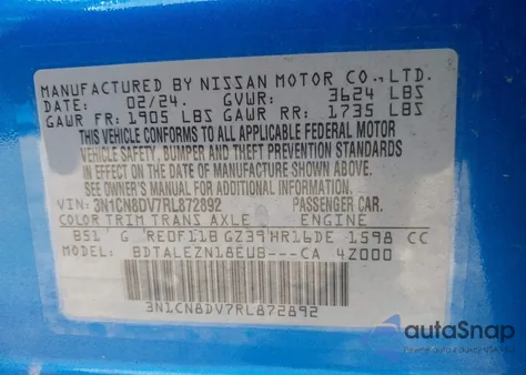 2024 Nissan Versa 1.6 S z USA, uszkodzony, nr VIN 3N1CN8DV7RL872892